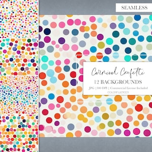 Może przedstawiać: Dwunastu bezszwowych cyfrowych wzorów papieru z motywem konfetti z kolorowymi kółkami na białym tle. Tekst "Carnival Confetti 12 Backgrounds JPG | 300 DPI | Commercial License Included COLORFLUENCER" znajduje się na dole obrazu.