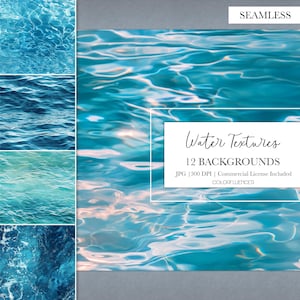 May include: A set of 12 seamless water textures, perfect for adding a touch of the ocean to your designs. The textures are high-resolution (300 DPI) and come with a commercial license.  Water Textures 12 Backgrounds JPG | 300 DPI | Commercial License Included COLORFLUENCER