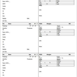 May include: A white medical form with sections for patient data, such as room number, name, age, and medical history. The form includes sections for intake, output, and procedures.