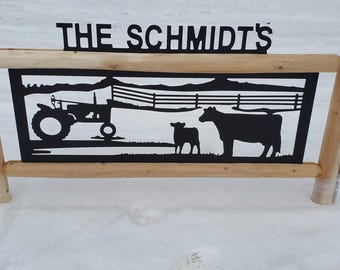 Personalized Tractor & Cows Cedar Log Sign - Rustic Farm Outdoor Decor