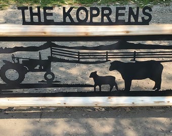 Personalized Farm, Sheep and Wheat Cedar Log Outdoor Sign Decor
