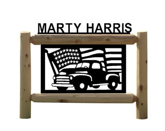 Custom Cedar Log Sign with American Flag Vintage Truck Sign – Rustic Patriotic Decor – Handmade USA Wood Art, Personalized for Your Space