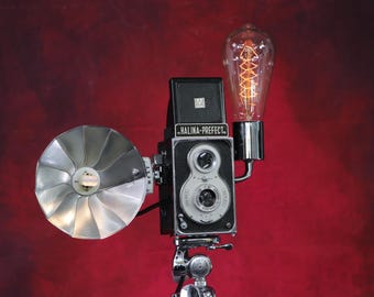 Halina Prefect TLR Camera Table Lamp on a full size vintage Tripod – Steampunk