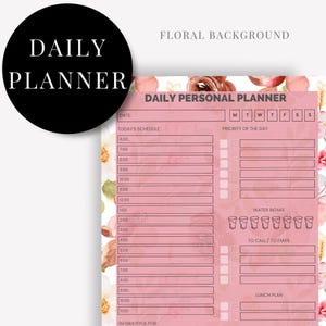 Agenda pessoal diária para impressão, download instantâneo, página de agenda diária com design floral, tamanho carta EUA