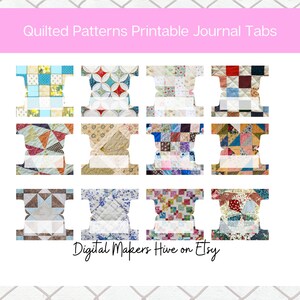 Puede incluir: Doce pestañas de diario imprimibles con diferentes patrones de colchas de retazos. Cada pestaña tiene un espacio en blanco para escribir. El texto "Digital Makers Hive on Etsy" está en la parte inferior de la imagen.