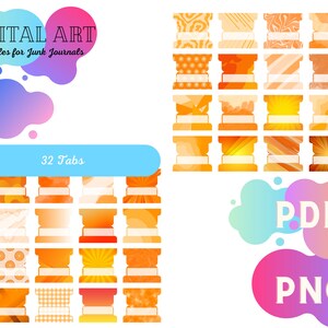 Puede incluir: 32 pestañas imprimibles naranjas y blancas para diarios de desecho. Las pestañas tienen una variedad de patrones, que incluyen rayas, lunares y diseños florales. El texto "32 pestañas" es visible en azul sobre un fondo azul claro. El texto "PDF" y "PNG" es visible en blanco sobre un fondo colorido.