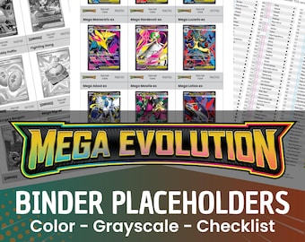 Puede incluir: Un documento digital que presenta una lista de verificación para carpetas de Pokémon Mega Evolución con imágenes en color de cartas coleccionables como Mega Venusaur ex, Mega Camerupt ex y Mega Lucario ex, junto a una lista de seguimiento y un botón de descarga verde.