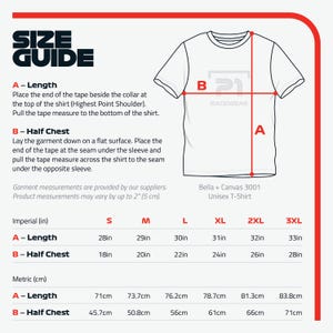 K&ouml;nnte beinhalten: Wei&szlig;es Bella + Canvas 3001 Unisex-T-Shirt mit Gr&ouml;&szlig;entabelle. Die Tabelle zeigt, wie man die L&auml;nge und die halbe Brust des Shirts misst. Die L&auml;ngenmessungen reichen von 71 cm bis 83,8 cm. Die Brustweiten reichen von 45,7 cm bis 71 cm.