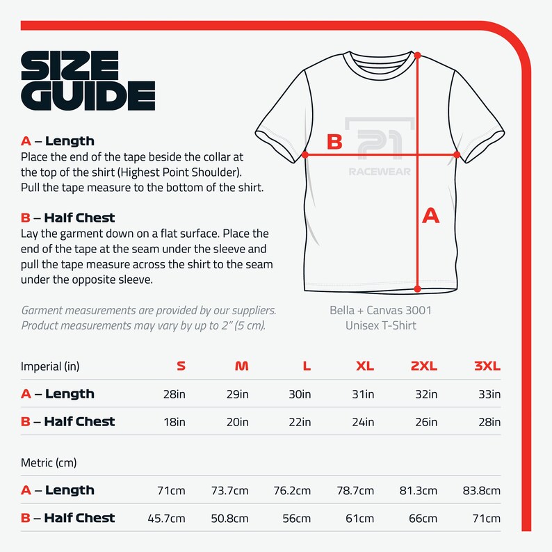 K&ouml;nnte beinhalten: Wei&szlig;es Bella + Canvas 3001 Unisex-T-Shirt mit Gr&ouml;&szlig;entabelle. Die Tabelle zeigt, wie man die L&auml;nge und die halbe Brust des Shirts misst. Die L&auml;ngenmessungen reichen von 71 cm bis 83,8 cm. Die Brustweiten reichen von 45,7 cm bis 71 cm.