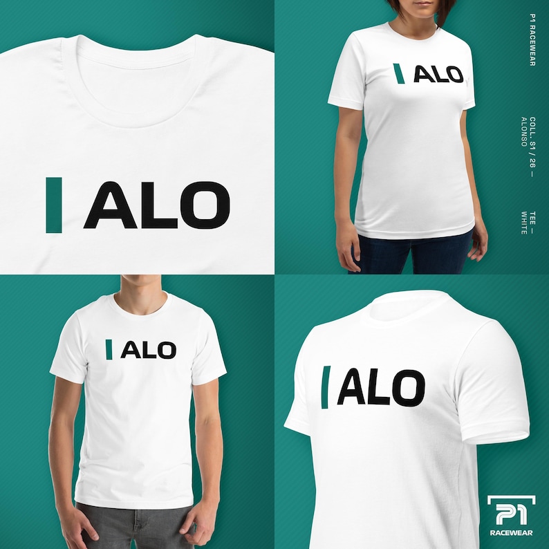 K&ouml;nnte beinhalten: Wei&szlig;e T-Shirts mit dem Text "I ALO" in Schwarz und T&uuml;rkis. Die Shirts werden vor einem t&uuml;rkisfarbenen Hintergrund gezeigt. Der Text "P1 RACEWEAR" und "COLL. S1/26 - ALONSO - TEE - WHITE" sind ebenfalls sichtbar.