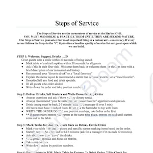 May include: A black and white document with the title "Steps of Service" and a list of steps for providing service at a restaurant. The steps include welcoming guests, suggesting drinks, taking orders, delivering drinks, and checking back on guests.