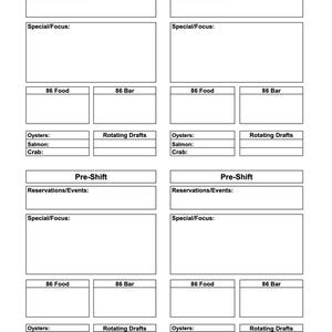May include: A white restaurant checklist template with sections for 'Pre-Shift', 'Reservations/Events', 'Special/Focus', '86 Food', '86 Bar', and seafood options. The template is designed for daily operational tasks.
