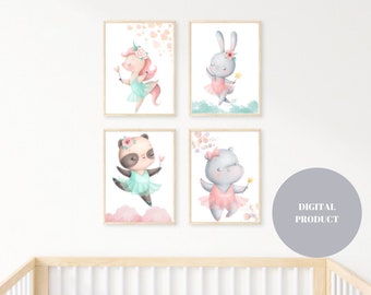 Ballerina Animals Nursery Print Set, Baby Girl Decor (Digital Download)