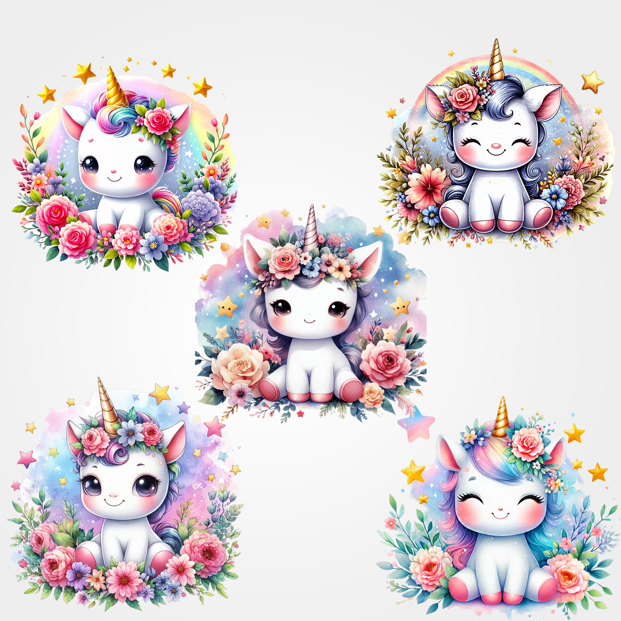Watercolor Baby Unicorn Clipart, 10 PNG Birthday Unicorn Clipart ...