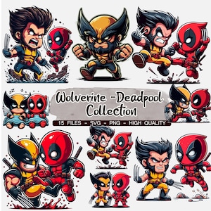 Conjunto de paquete de imágenes prediseñadas de Wolverine y Deadpool, fondo transparente