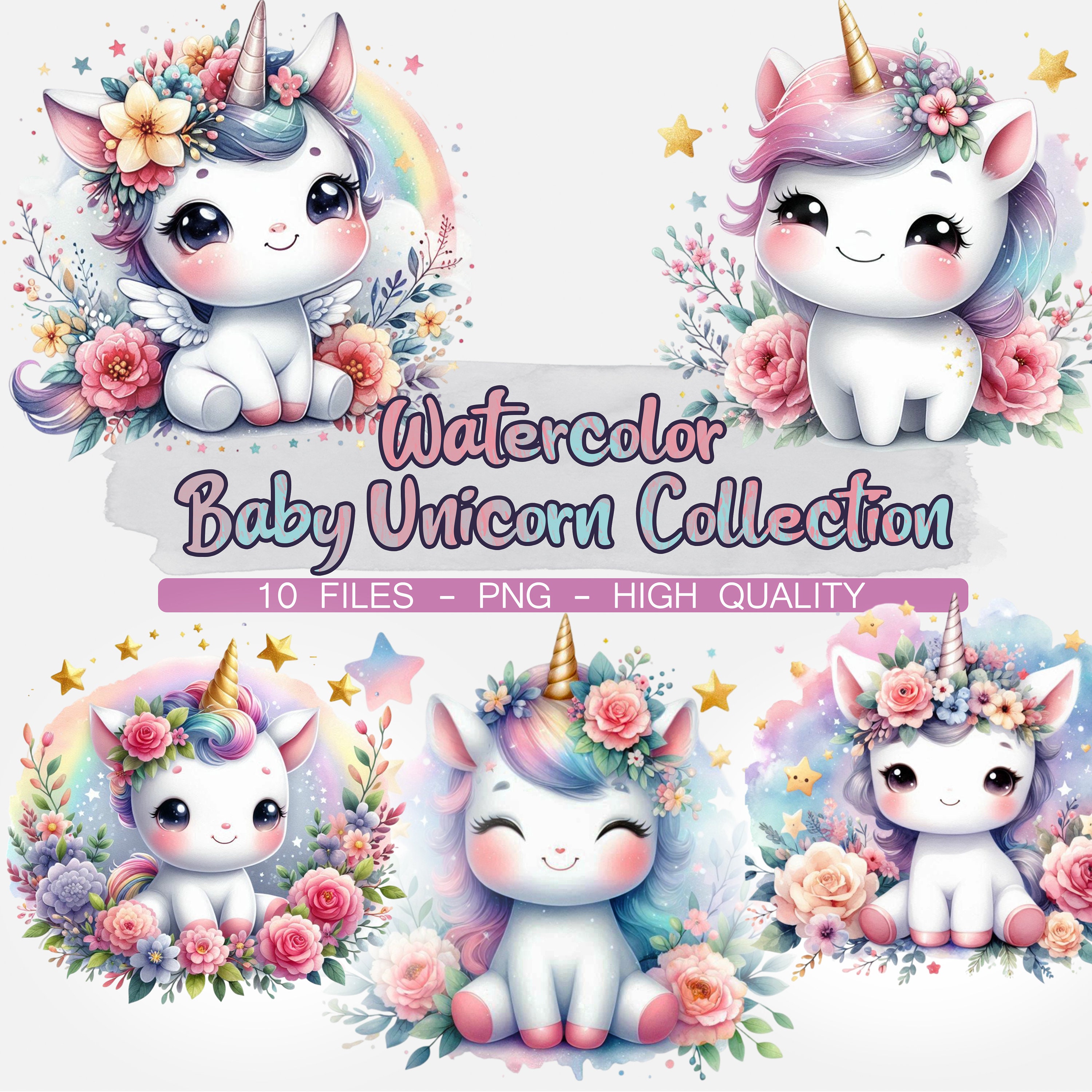 Watercolor Baby Unicorn Clipart, 10 PNG Birthday Unicorn Clipart ...