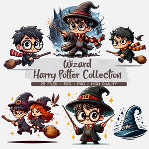 Clipart de sorcier, école de sorcier, chapeau de sorcier, baguette et balai volant Png Svg fond Transparent