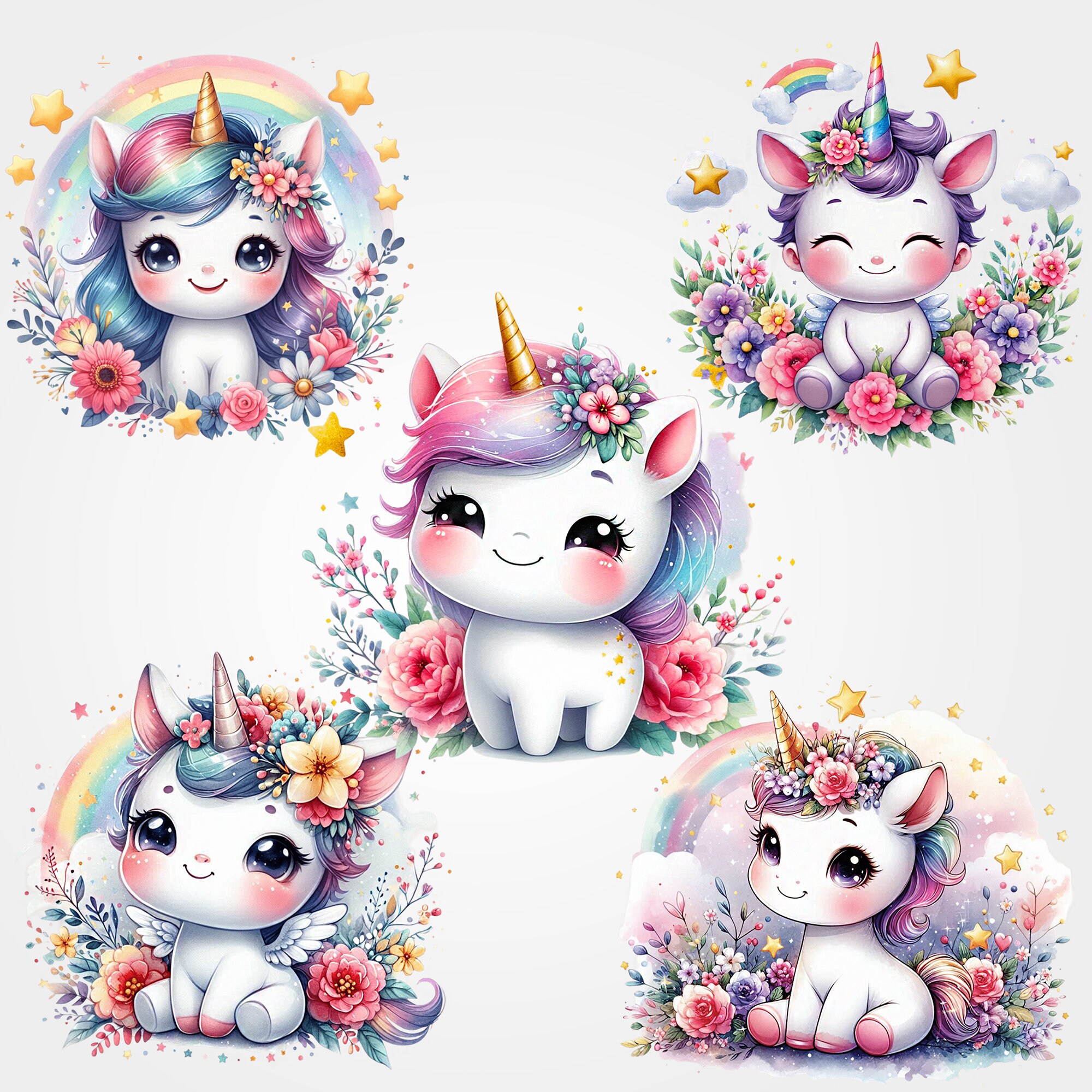 Watercolor Baby Unicorn Clipart, 10 PNG Birthday Unicorn Clipart ...