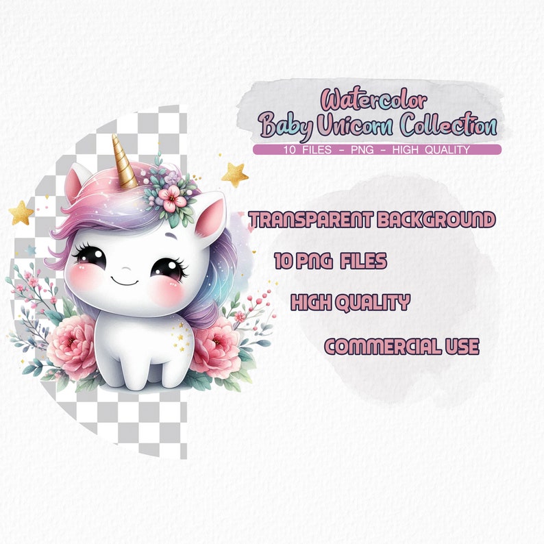 Watercolor Baby Unicorn Clipart, 10 PNG Birthday Unicorn Clipart ...