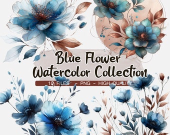 Clipart astratti di fiori blu e marroni, collezione di clipart di fiori dell'acquerello, PNG di alta qualità