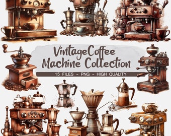 Watercolor Vintage Coffee Clipart, Coffee Machine Bundle