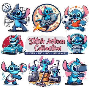 Puede incluir: Una colección de 15 ilustraciones digitales con Stitch de Lilo & Stitch en varias acciones. Stitch se muestra jugando al voleibol, volando un cohete, jugando al fútbol, conduciendo un coche, limpiando con una aspiradora, jugando a videojuegos y usando un traje de astronauta. Las ilustraciones son de estilo de dibujos animados y son perfectas para usar en proyectos digitales.