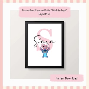 Decorazione con nome personalizzato Stitch e Angel, stampa digitale / Arte murale per la cameretta dei bambini, regalo per baby shower e cartello personalizzato per la cameretta dei bambini