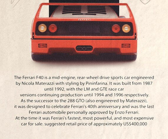 Ferrari F40 Vintage Poster Ferrari F40 Poster, Vintage Car Art