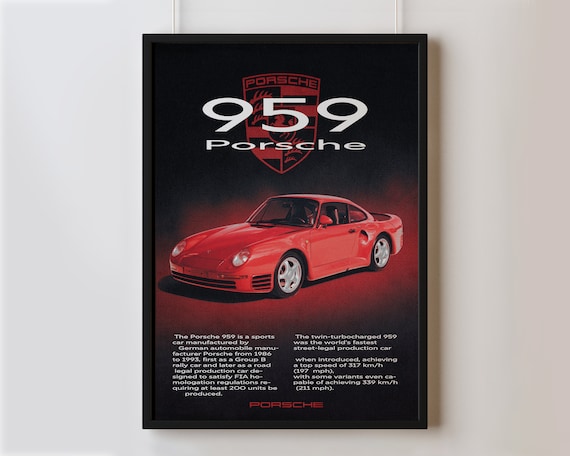 Porsche 959 A3 Poster. Sports Car Poster, A3, Car, Car Poster, Red