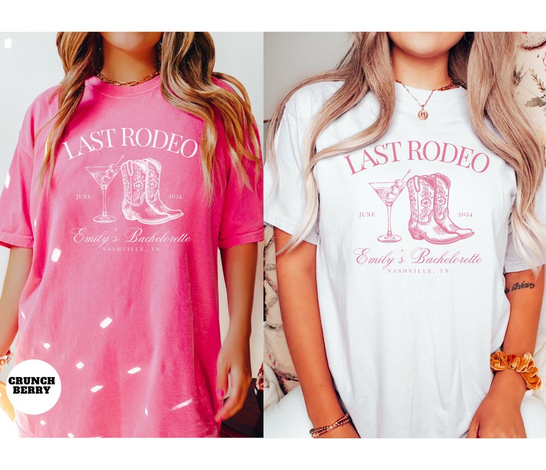 May include: Two pink and white t-shirts with the text "LAST RODEO" and "Emily's Bachelorette" printed on them. The shirts feature a drawing of a cocktail glass and cowboy boots.