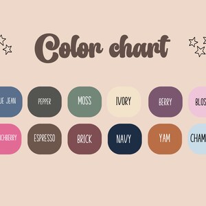 May include: A color chart with the text "Color chart" in brown script. The chart displays 12 color swatches, each labeled with a color name like "Blue Jean," "Pepper," and "Moss." The background is a light peach color.