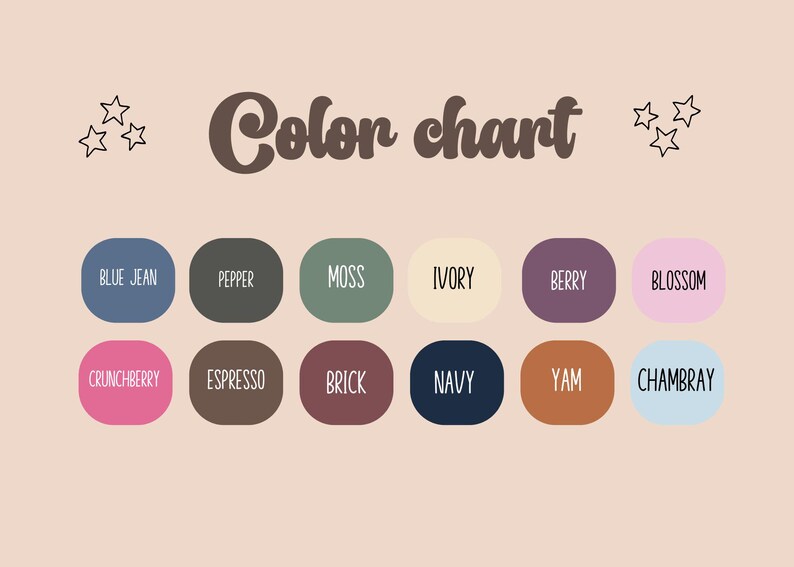 May include: A color chart with the text "Color chart" in brown script. The chart displays 12 color swatches, each labeled with a color name like "Blue Jean," "Pepper," and "Moss." The background is a light peach color.