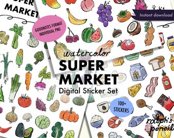 Supermarket Digital Stickers - Hand-Drawn Watercolor Digital Stickers, GoodNotes Stickers, Sketchbook Style, Cute Grocery Meal Plan, PNG