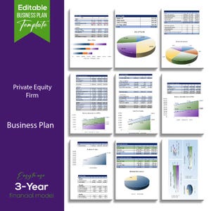 May include: A business plan template for a private equity firm. The template includes charts and graphs for a 3-year financial model. The template is easy to use and editable.