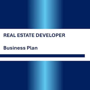 Op de afbeelding: Een businessplan voor een vastgoedontwikkelaar. De titel staat in witte tekst op een blauwe achtergrond met een verloop van blauw naar lichtblauw.