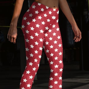 White Stars with Red Background Leggings | Holiday Leggings | Women&#39;s USA July 4th Patriot Inspired Stretch Pants | Independence Day Outfit