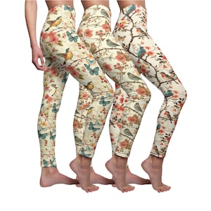 Vintage Bird & Butterflies Leggings for Women | Bird Yoga Pants | Casual Print Tights | Cute Gym Leggings | Soft Stretchy Pants | Plus size