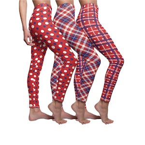 Patriotic Red White & Blue Plaids and Dots Leggings for Women | Holiday Leggings | Yoga Leggings | Buttery Softy Stretchy Pants | Plus Size