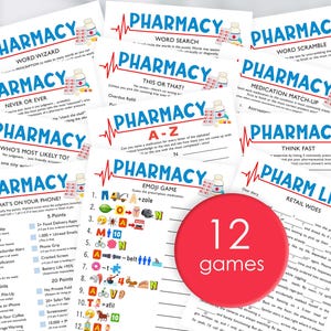 Könnte beinhalten: Eine Sammlung von 12 Spielen zum Thema Apotheke, gedruckt auf weißem Papier. Jedes Spielblatt zeigt das Wort "PHARMACY" in Blau mit einer roten Herzschlaglinie. Ein roter Kreis mit "12 Spiele" befindet sich in der Mitte.