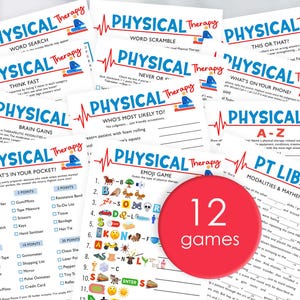 Op de afbeelding: Een verzameling van 12 fysiotherapiespellen op wit papier, met titels als "Woordzoeker" en "Emoji Game". Elke pagina heeft een rood en blauw logo met de woorden "Fysiotherapie". Een rode cirkel toont "12 spellen".