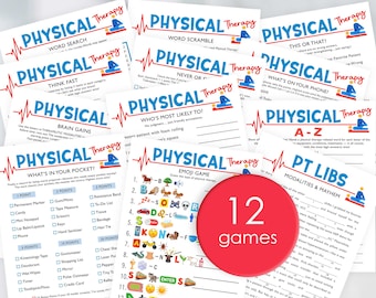 May include: A collection of twelve physical therapy themed game sheets featuring blue and red text, a heartbeat line graphic, and a red circular badge that reads 12 games. The white paper sheets include activities like word search, emoji games, and PT libs.