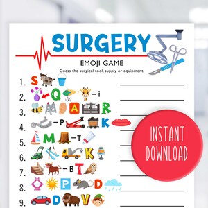 Può includere: Un foglio di gioco stampabile bianco con il titolo "SURGERY EMOJI GAME" in blu. Il gioco presenta emoji e linee da completare. Un cerchio rosso con "INSTANT DOWNLOAD" è a destra.