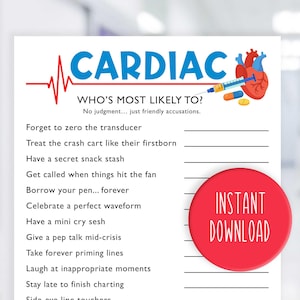 Puede incluir: Una hoja imprimible blanca con la palabra "CARDIAC" en azul y una línea de latido cardíaco roja. El texto "WHO'S MOST LIKELY TO?" está encima de una lista de enunciados. Un círculo rojo con "INSTANT DOWNLOAD" está a la derecha.