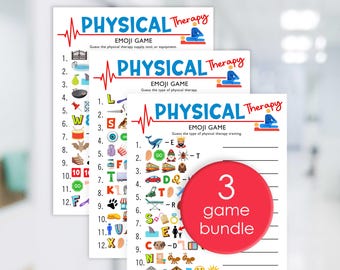 May include: Three printable physical therapy emoji game cards. Each card has a different set of emojis to guess the type of physical therapy, supply, or training. The cards are white with blue and red accents. A red circle with the text "3 game bundle" is in the foreground.