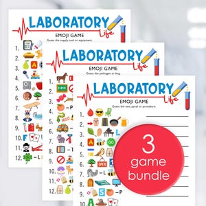 Puede incluir: Tres hojas de juego blancas con el título "LABORATORY Life EMOJI GAME" y un círculo rojo que dice "3 game bundle". Las hojas de juego tienen emojis y líneas para respuestas. El juego consiste en adivinar el suministro, la herramienta, el equipo, el patógeno, el insecto, la prueba, el panel o el procedimiento.