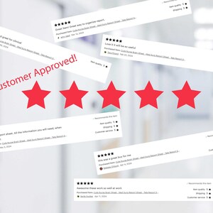 K&ouml;nnte beinhalten: F&uuml;nf rote Sterne mit dem Text "Customer Approved!" in wei&szlig;en Buchstaben auf rotem Hintergrund. Das Bild zeigt auch mehrere Kundenbewertungen mit f&uuml;nf Sternen und positiven Kommentaren zum Produkt.