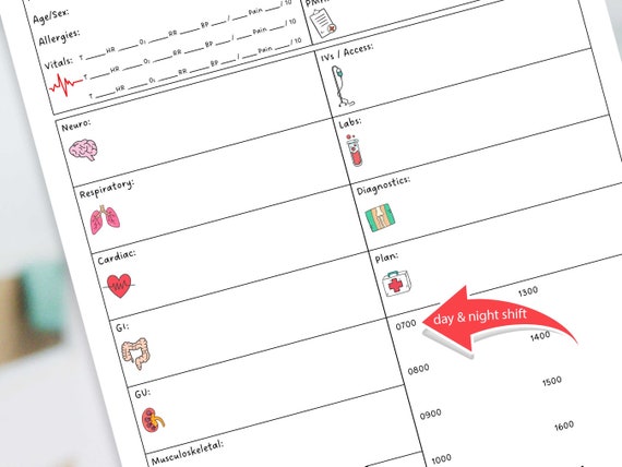 Cute Nurse Brain Sheet - Med Surg Report Sheet - Tele Report Sheet - Student Nurse Report Sheet - Med Surg Stepdown Report - Nurse Brain