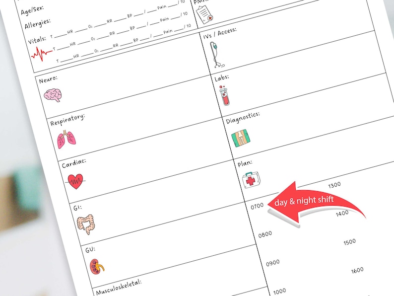 K&ouml;nnte beinhalten: Ein wei&szlig;er medizinischer Chart mit schwarzen Linien und Symbolen. Der Chart enth&auml;lt Abschnitte f&uuml;r Alter, Geschlecht, Allergien, Vitalwerte, Neurologie, Atmung, Herz, Magen-Darm-Trakt, Genitourinar, Bewegungsapparat, IVs/Zugang, Laborwerte, Diagnosen, Plan und einen Zeitplan mit einem roten Pfeil, der auf die Worte "Tag- und Nachtschicht" zeigt.