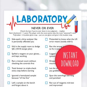 Op de afbeelding: Een wit vel met de tekst "LABORATORY LIFE NEVER OR EVER" in blauw en rood. Het vel heeft een lijst met laboratoriumgerelateerde scenario's. Een rode cirkel met "INSTANT DOWNLOAD" staat in de rechter benedenhoek.