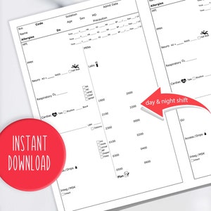 May include: Two white medical chart templates with black text, including sections for patient information, vital signs, and notes. A red circle with the words "INSTANT DOWNLOAD" is in the lower left corner. An arrow indicates "day & night shift".